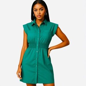 Monteau Los Angeles Emerald Green Button Front Shirtdress – Cinched Waist Medium